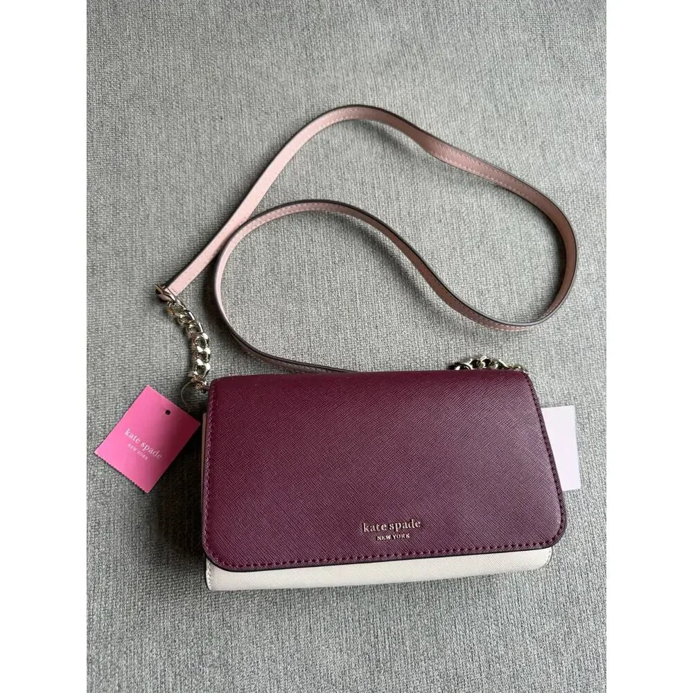 Kate Spade Cameron Small Flap Crossbody Cherry Wood White Pink  Burgundy Maroon